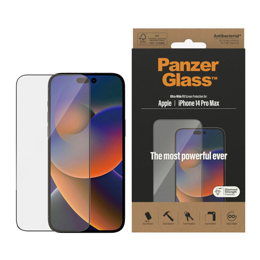 PanzerGlass iPhone 14 Pro Max AntiBacterial Ultra Wide Fit Skærmbeskyttelsesglas - Diamond Strength - Gennemsigtig