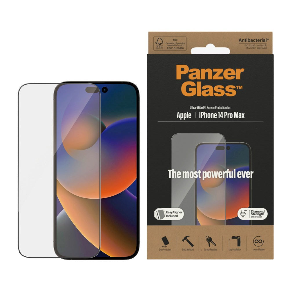 PanzerGlass iPhone 14 Pro Max AntiBacterial Ultra-Wide Fit Skærmbeskyttelse - EasyAligner - Diamond Strength - Gennemsigtig / Sort Kant