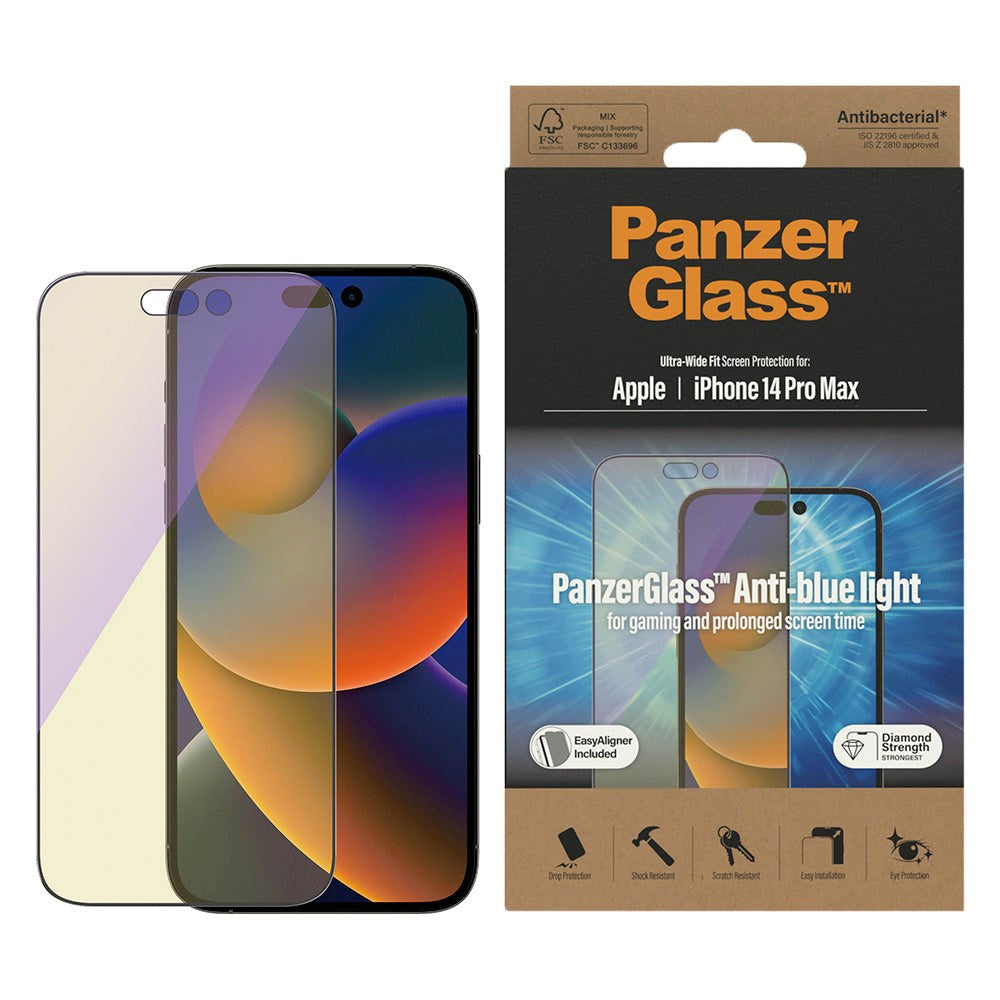 PanzerGlass iPhone 14 Pro Max AntiBacterial Ultra Wide Fit Skærmbeskyttelsesglas - Easy Aligner - Anti-Blue Light - Diamond Strength