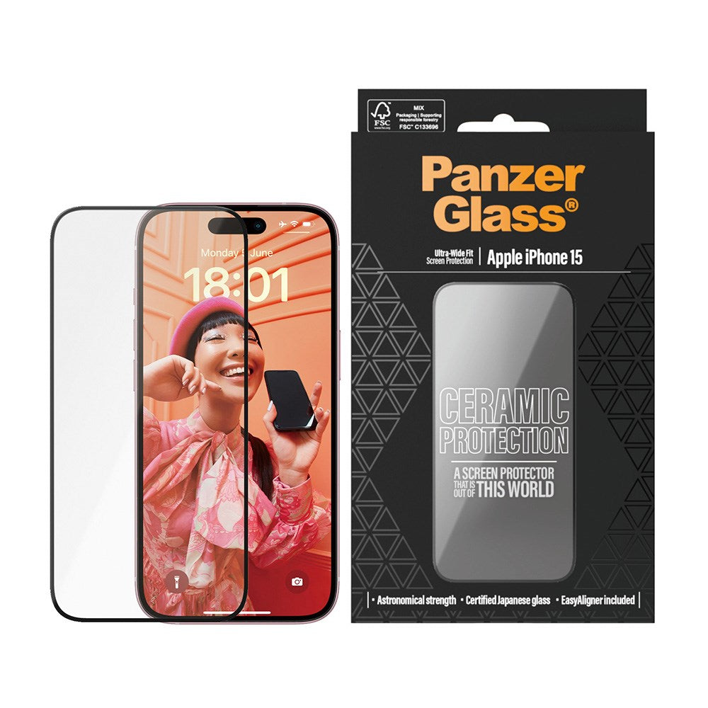 PanzerGlass iPhone 15 / 16 Ultra Wide Fit Ceramic Beskyttelsesglas m. EasyAligner - Sort Kant