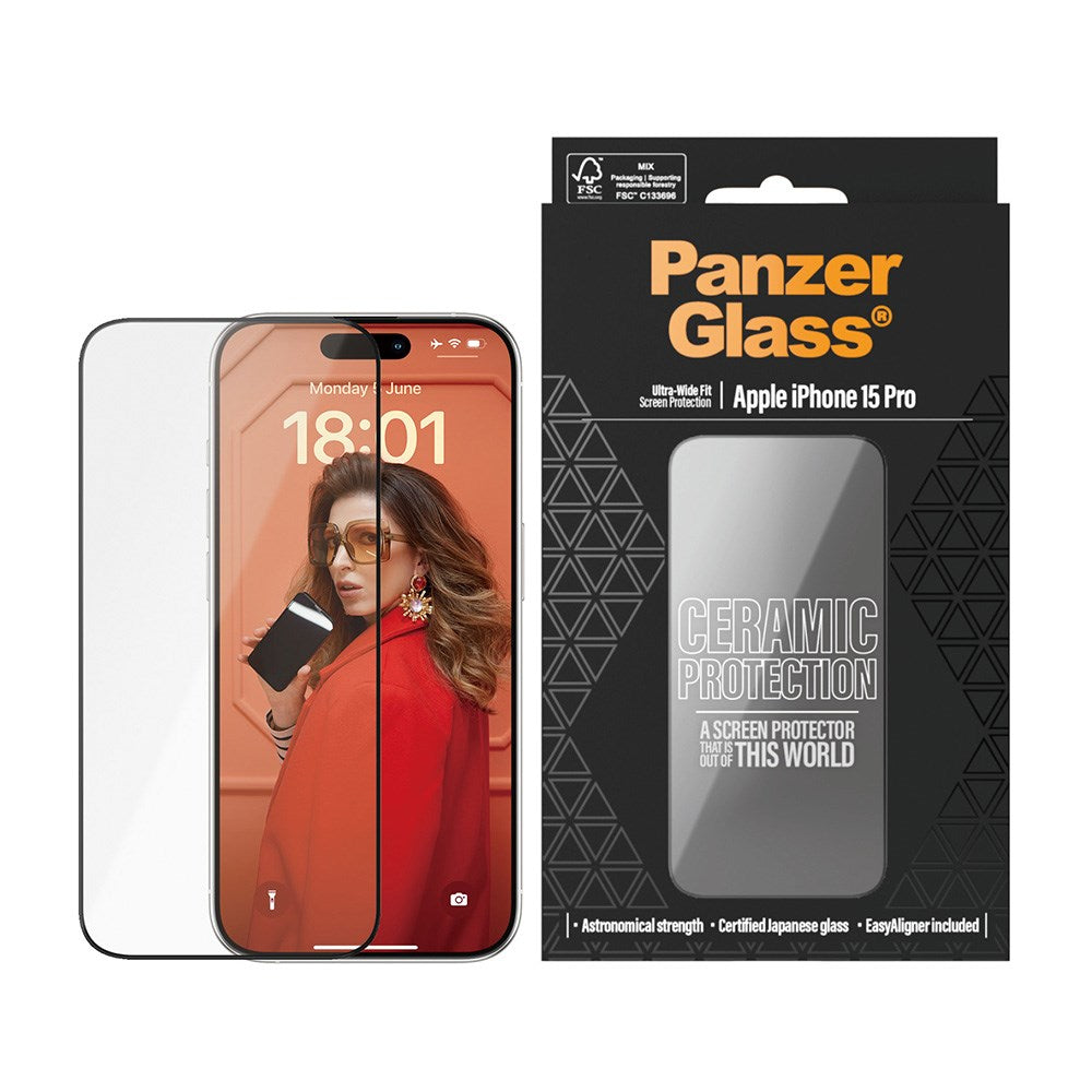 PanzerGlass iPhone 15 Pro Ultra Wide Fit Ceramic Beskyttelsesglas m. EasyAligner - Sort Kant