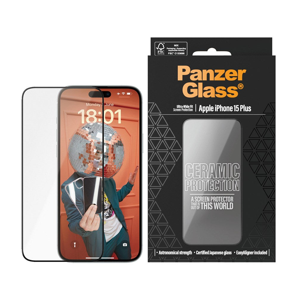PanzerGlass iPhone 15 Plus / 16 Plus Ultra Wide Fit Ceramic Beskyttelsesglas m. EasyAligner - Sort Kant