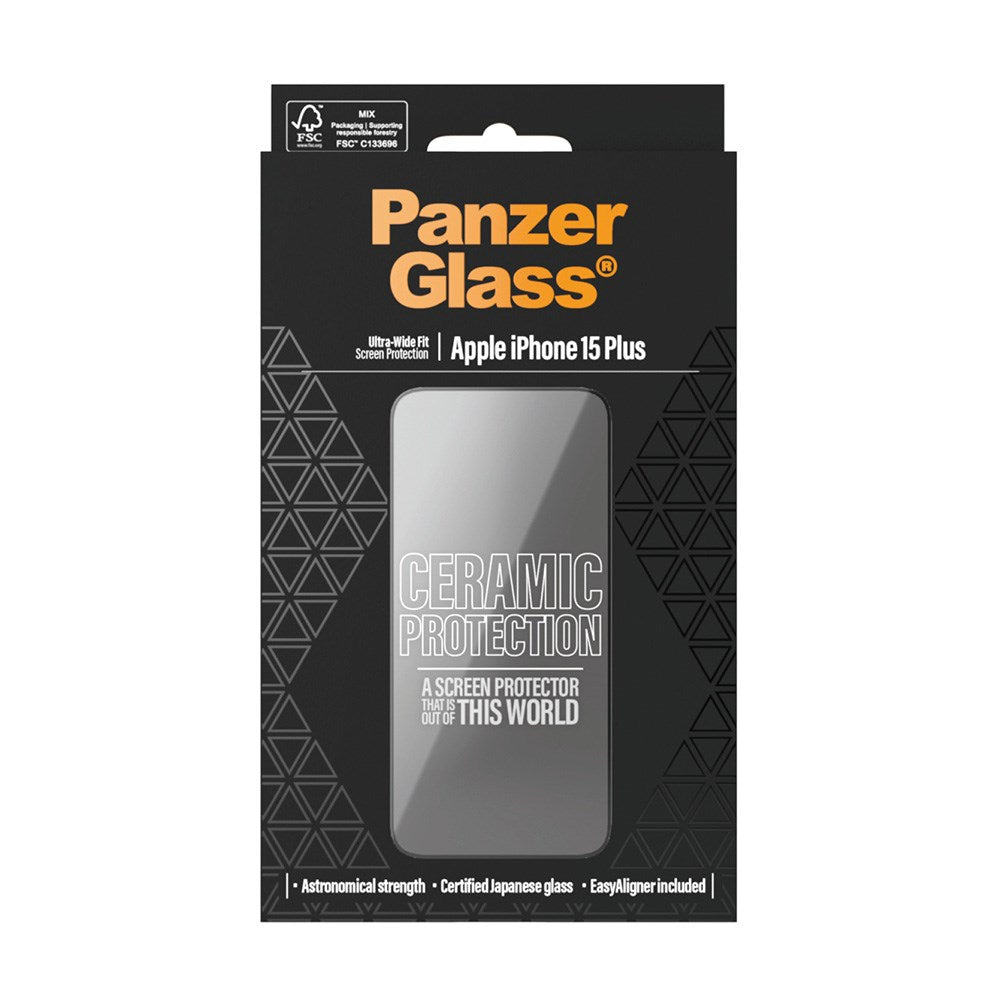 PanzerGlass iPhone 15 Plus Ultra Wide Fit Ceramic Beskyttelsesglas m. EasyAligner - Sort Kant