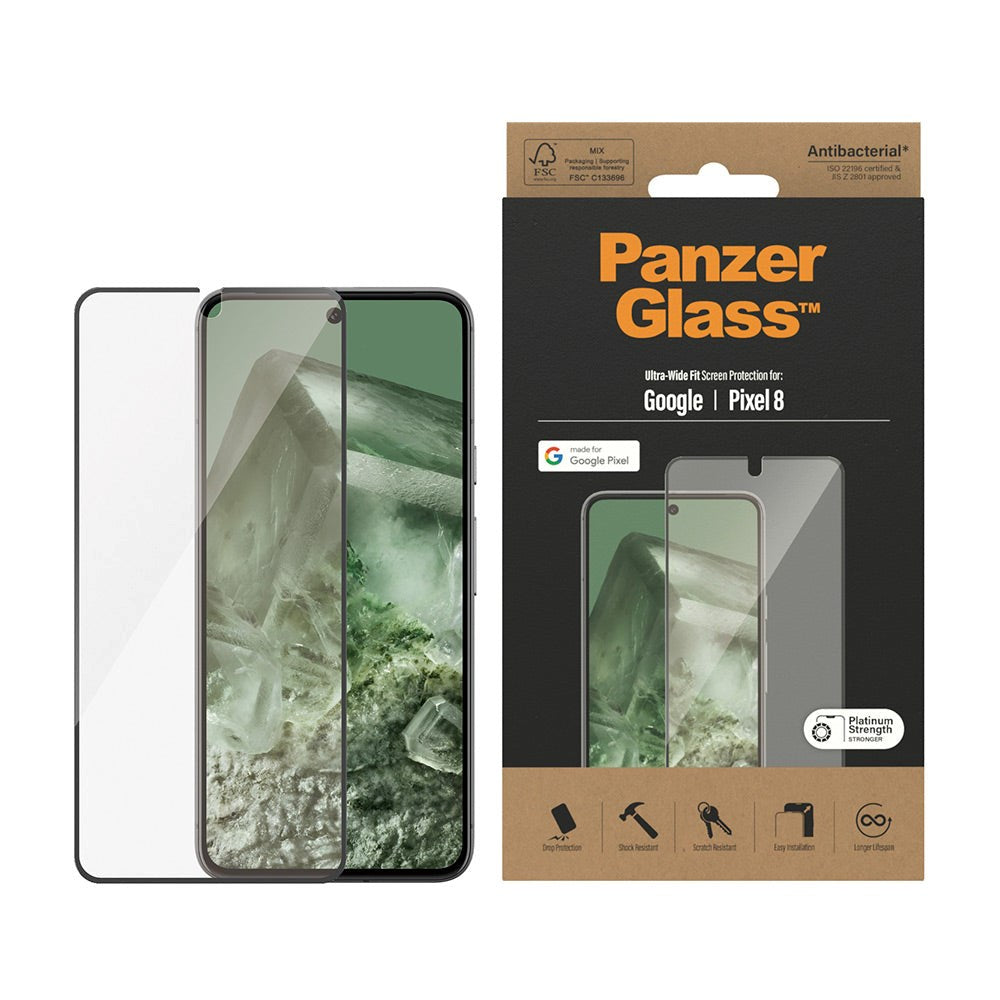 PanzerGlass Google Pixel 8 Ultra Wide Fit Skærmbeskyttelsesglas - Platinum Strength - Sort Kant