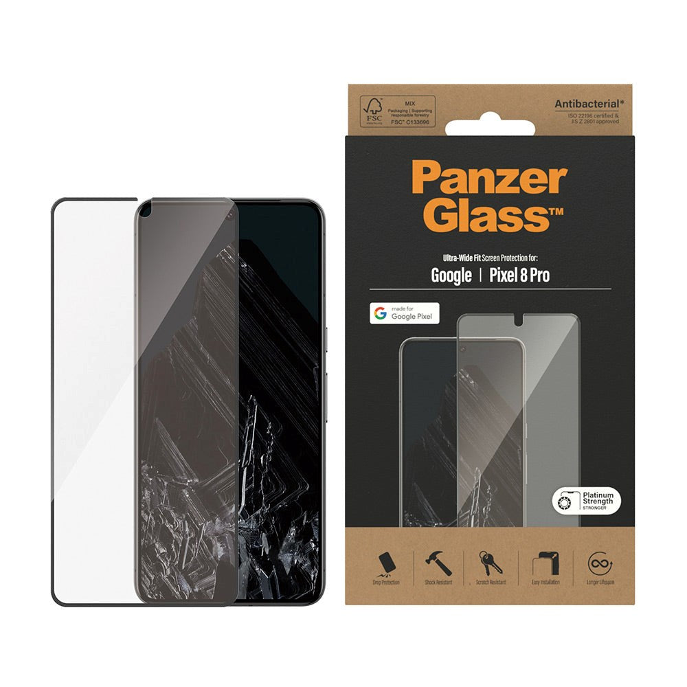 PanzerGlass Google Pixel 8 Pro Ultra Wide Fit Skærmbeskyttelsesglas - Platinum Strength - Sort Kant