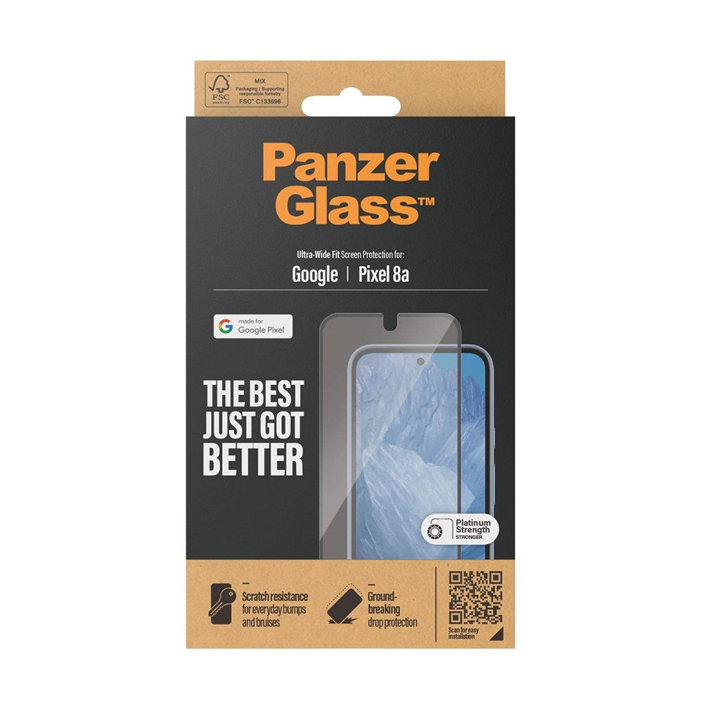 PanzerGlass Google Pixel 8a Ultra Wide Fit Skærmbeskyttelsesglas - Platinum Strength - Sort Kant