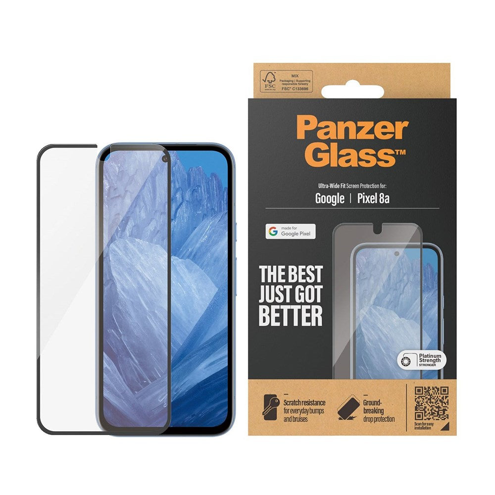 PanzerGlass Google Pixel 8a Ultra Wide Fit Skærmbeskyttelsesglas - Platinum Strength - Sort Kant