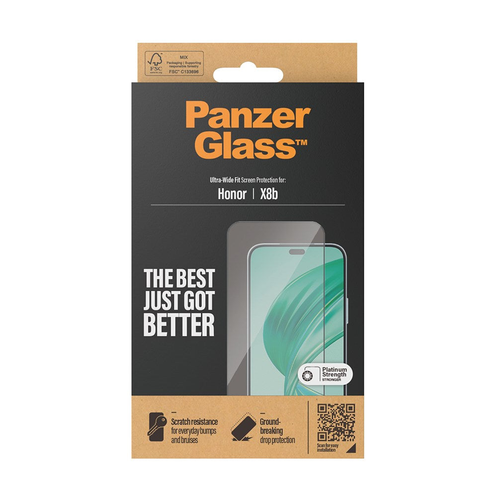 PanzerGlass Honor X8b Ultra Wide Fit Skærmbeskyttelsesglas - Platinum Strength - Sort Kant