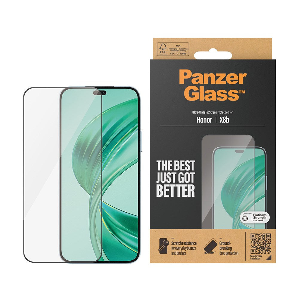 PanzerGlass Honor X8b Ultra Wide Fit Skærmbeskyttelsesglas - Platinum Strength - Sort Kant