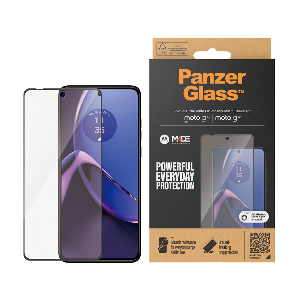 PanzerGlass Motorola Moto G72 / G84 Ultra Wide Fit Skærmbeskyttelsesglas - Platinum Strength - Sort Kant