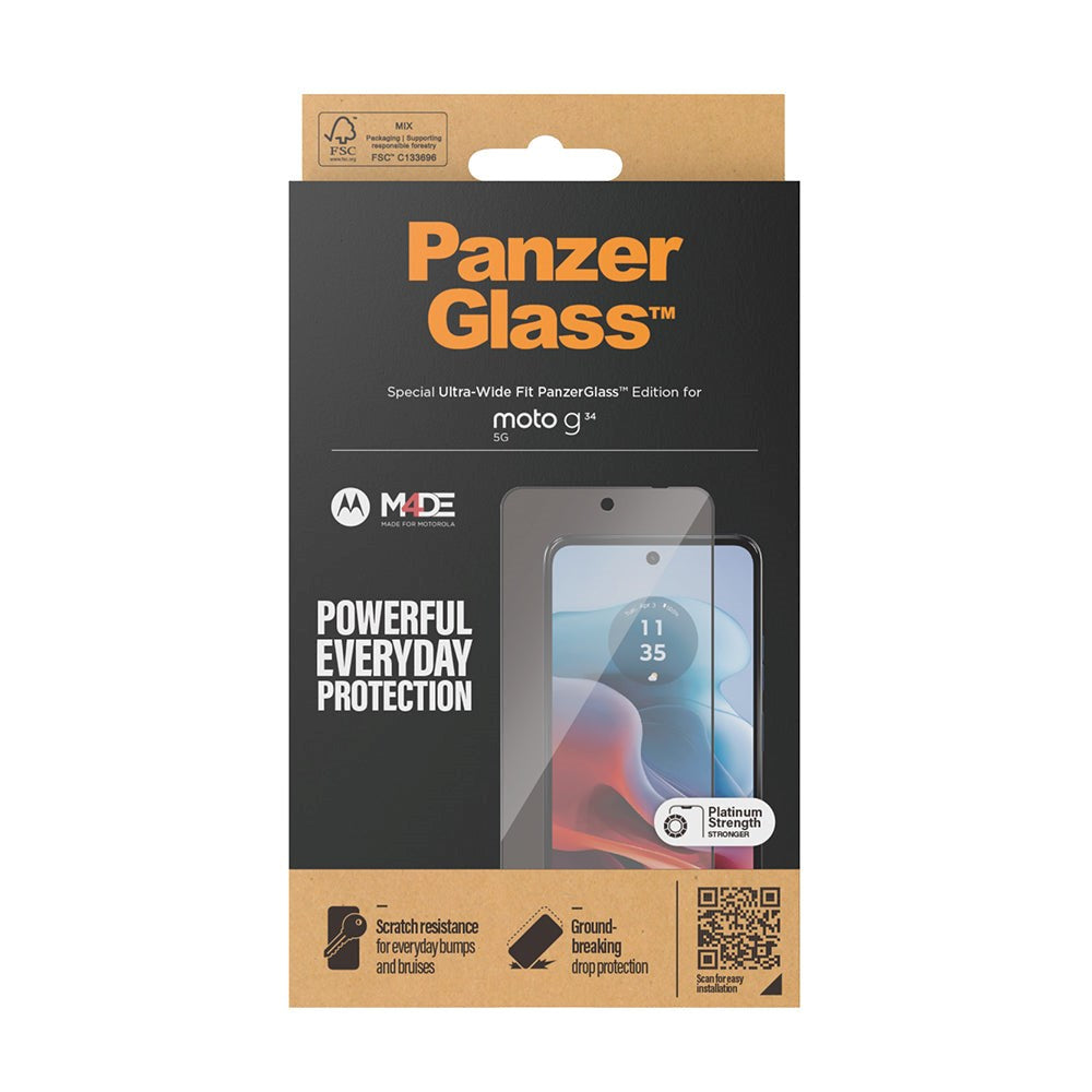 PanzerGlass Motorola Moto G34 Ultra Wide Fit Skærmbeskyttelsesglas - Platinum Strength - Sort Kant