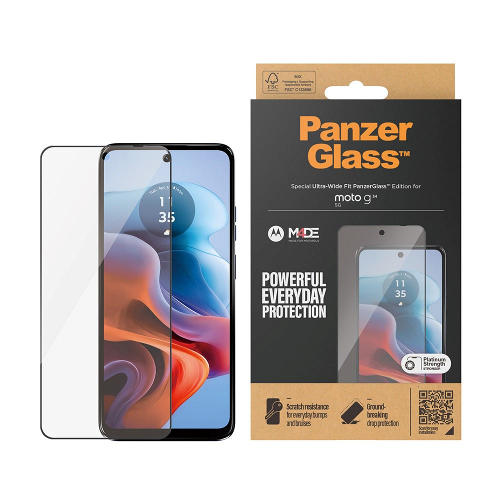 PanzerGlass Motorola Moto G34 Ultra Wide Fit Skærmbeskyttelsesglas - Platinum Strength - Sort Kant