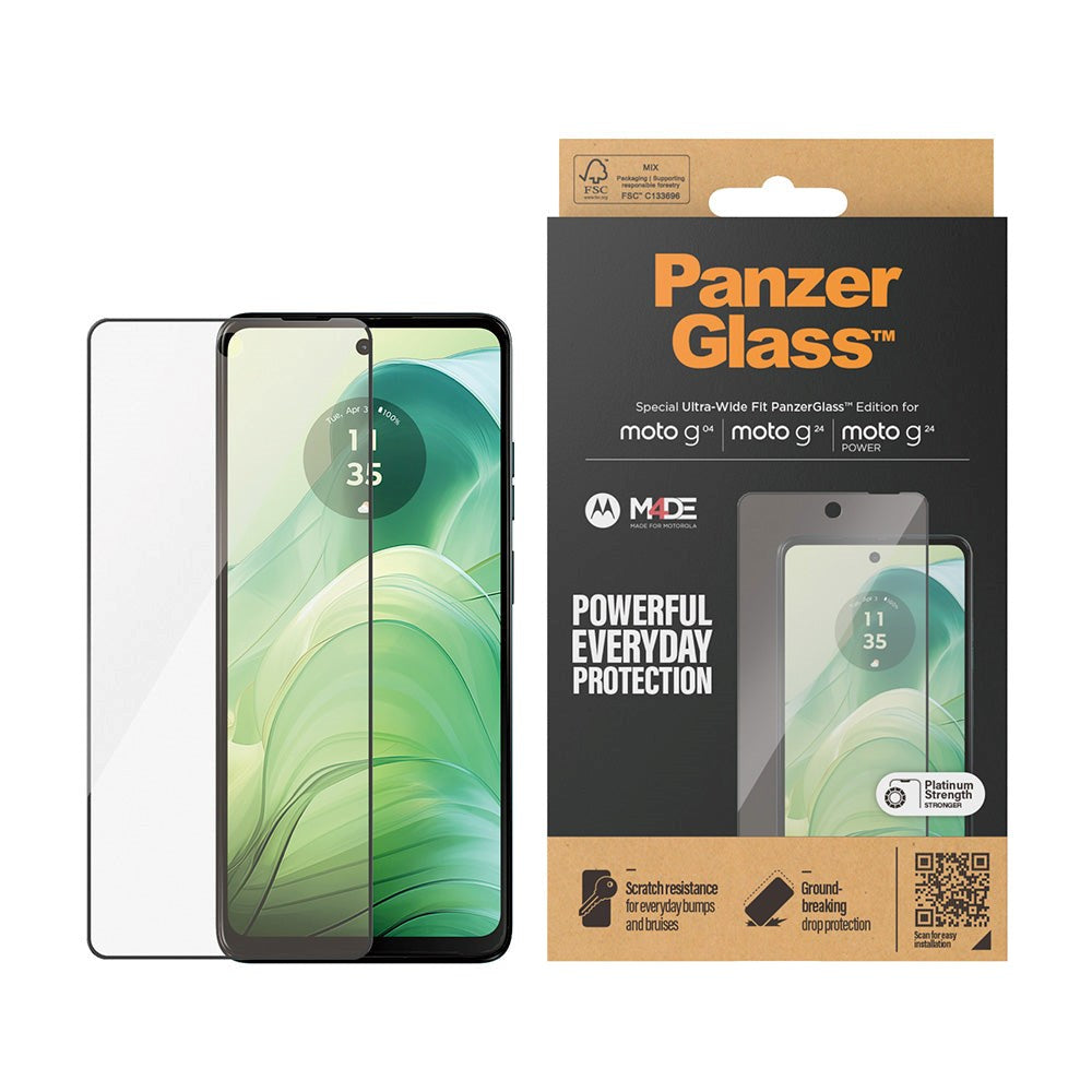 PanzerGlass Motorola Moto G04 / G24 / G24 Power Ultra Wide Fit Skærmbeskyttelsesglas - Platinum Strength - Sort Kant