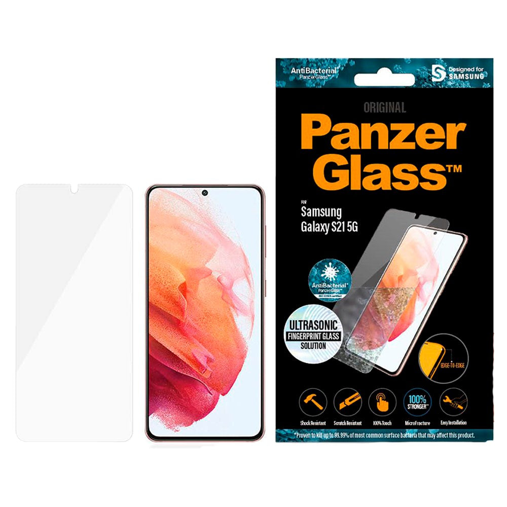 Samsung Galaxy S21 PanzerGlass AntiBacterial Ultrasonic Fingerprint Edge-to-Edge Beskyttelsesglas - Case Friendly - Gennemsigtig