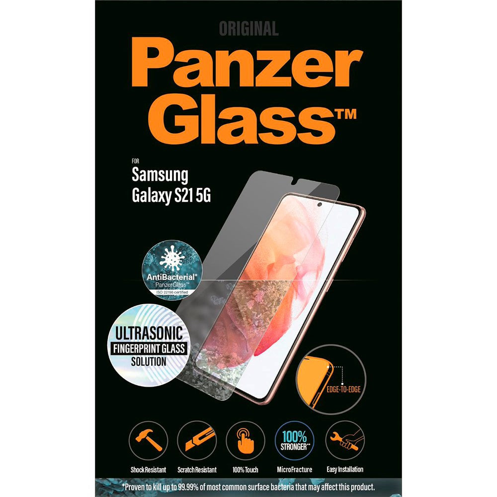 Samsung Galaxy S21 PanzerGlass AntiBacterial Ultrasonic Fingerprint Edge-to-Edge Beskyttelsesglas - Case Friendly - Gennemsigtig