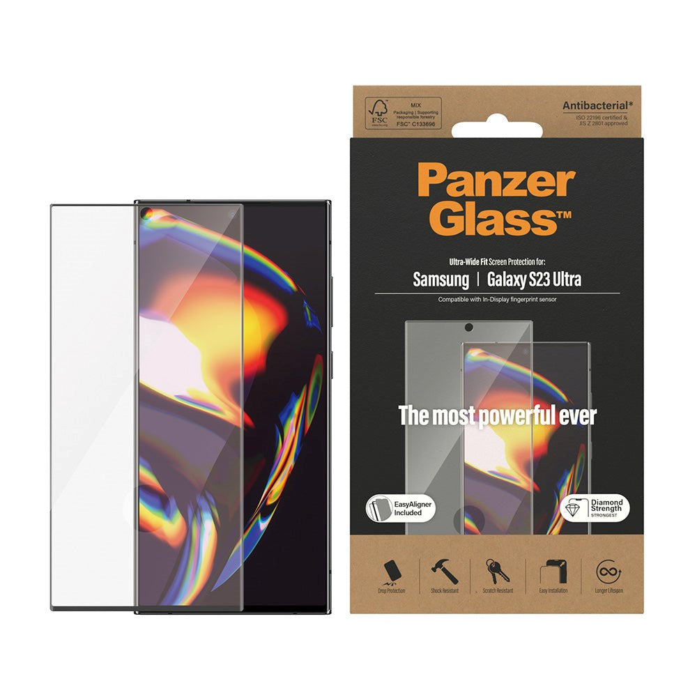 PanzerGlass Samsung Galaxy S23 Ultra AntiBacterial Ultra-Wide Fit Skærmbeskyttelsesglas - EasyAligner - Diamond Strength - Gennemsigtig