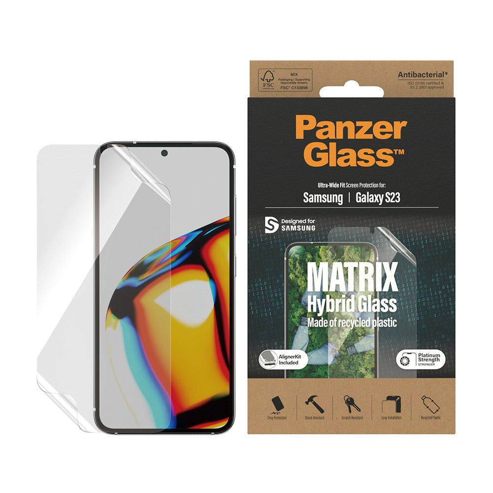PanzerGlass Samsung Galaxy S23 Matrix Hybrid Glass AntiBacterial Ultra Wide Fit Skærmbeskyttelseglas - AlignerKit - Platinum Strength - Gennemsigtig