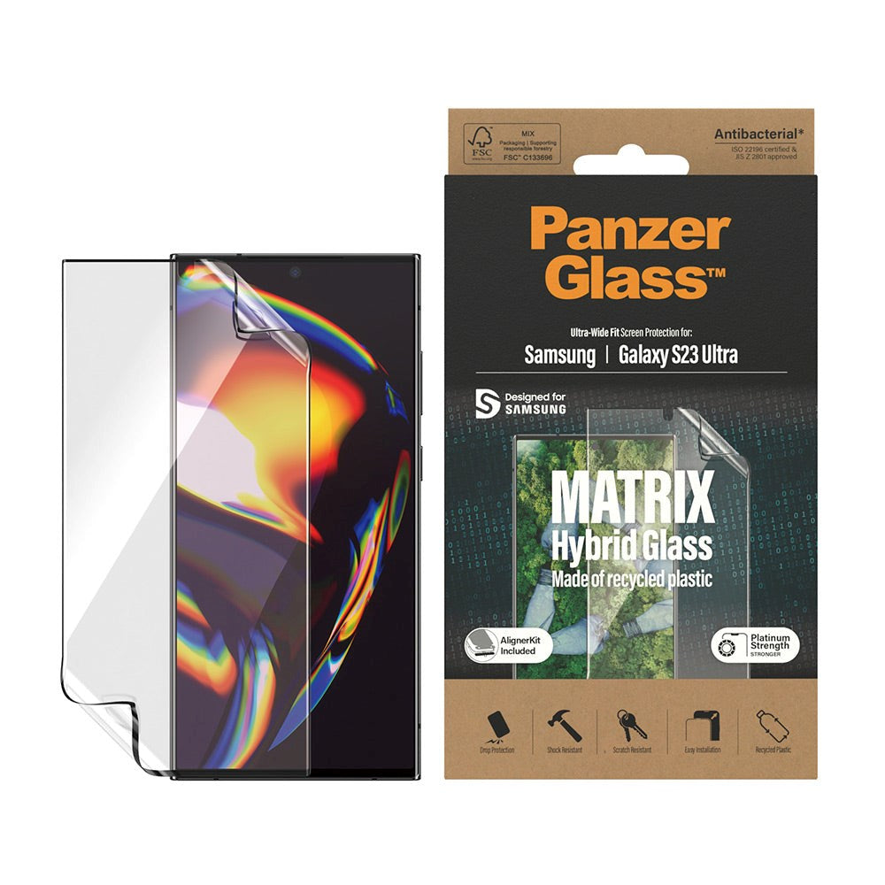 PanzerGlass Samsung Galaxy S23 Ultra Matrix Hybrid Glass AntiBacterial Ultra Wide Fit Skærmbeskyttelseglas - AlignerKit - Platinum Strength -  Gennemsigtig