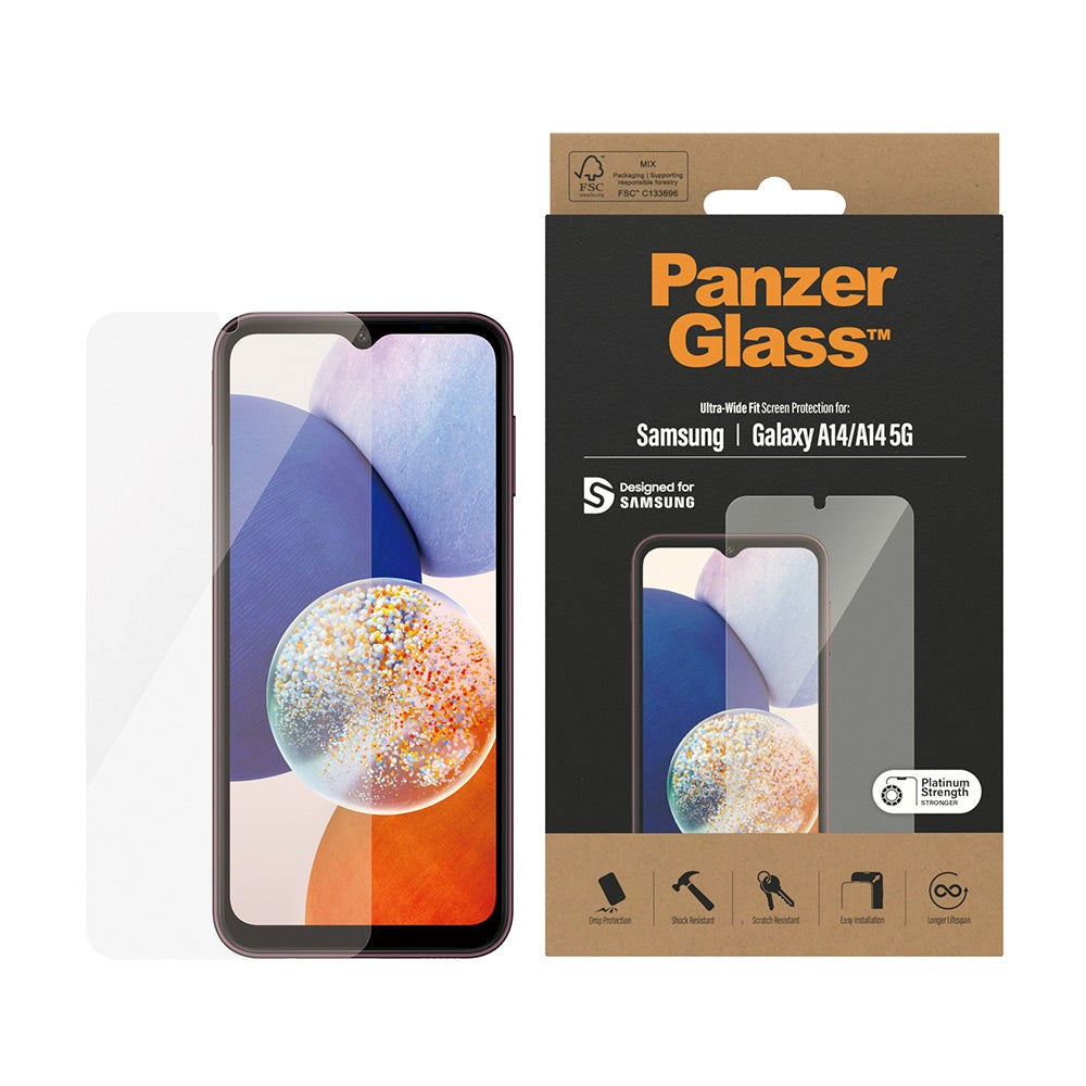 PanzerGlass Samsung Galaxy A14 (5G) Ultra Wide Fit Skærmbeskyttelsesglas - Platinum Strength - Gennemsigtig