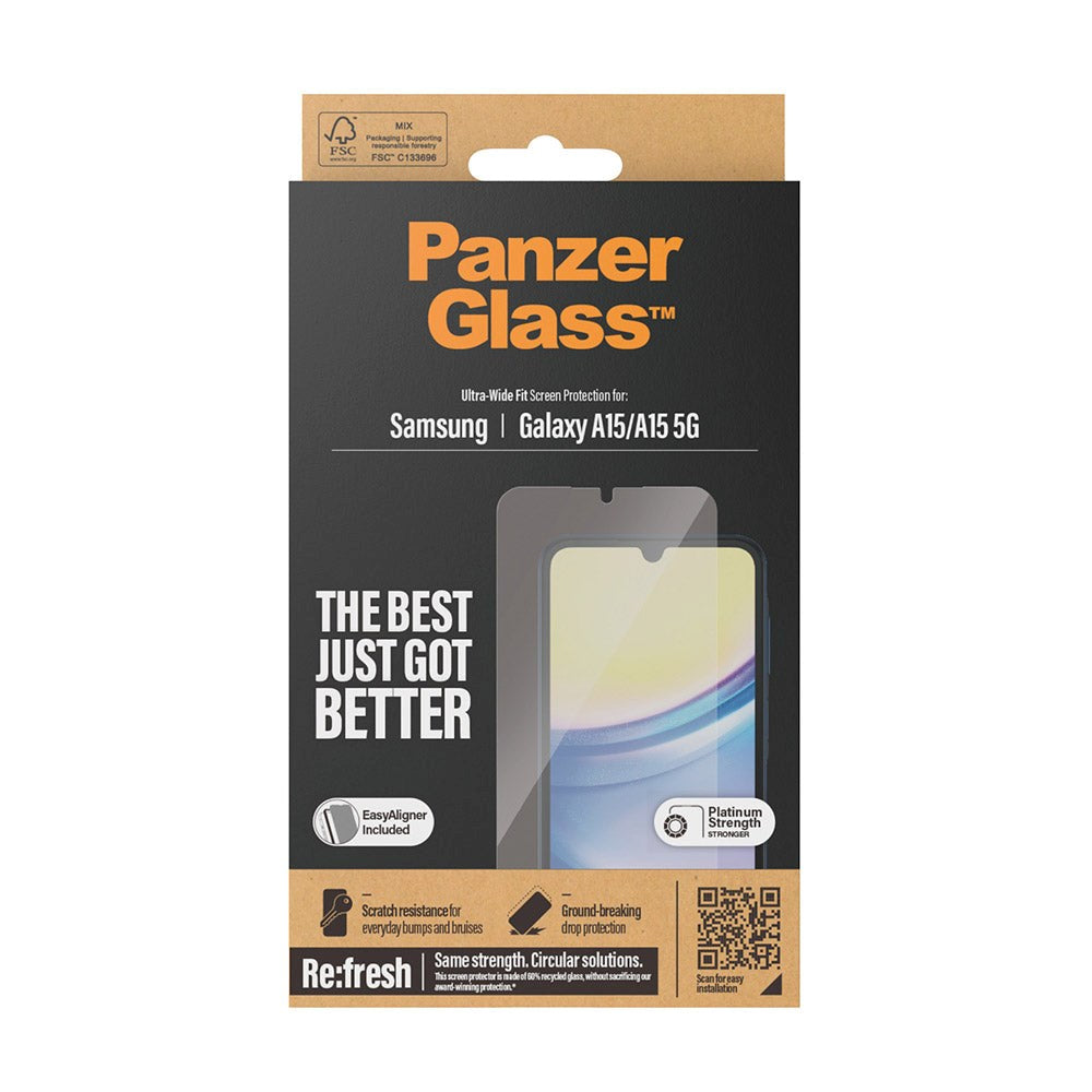 PanzerGlass Samsung Galaxy A15 / A15 (5G) Ultra Wide Fit Re:fresh Beskyttelsesglas m. EasyAligner - Platinum Strength - Gennemsigtig