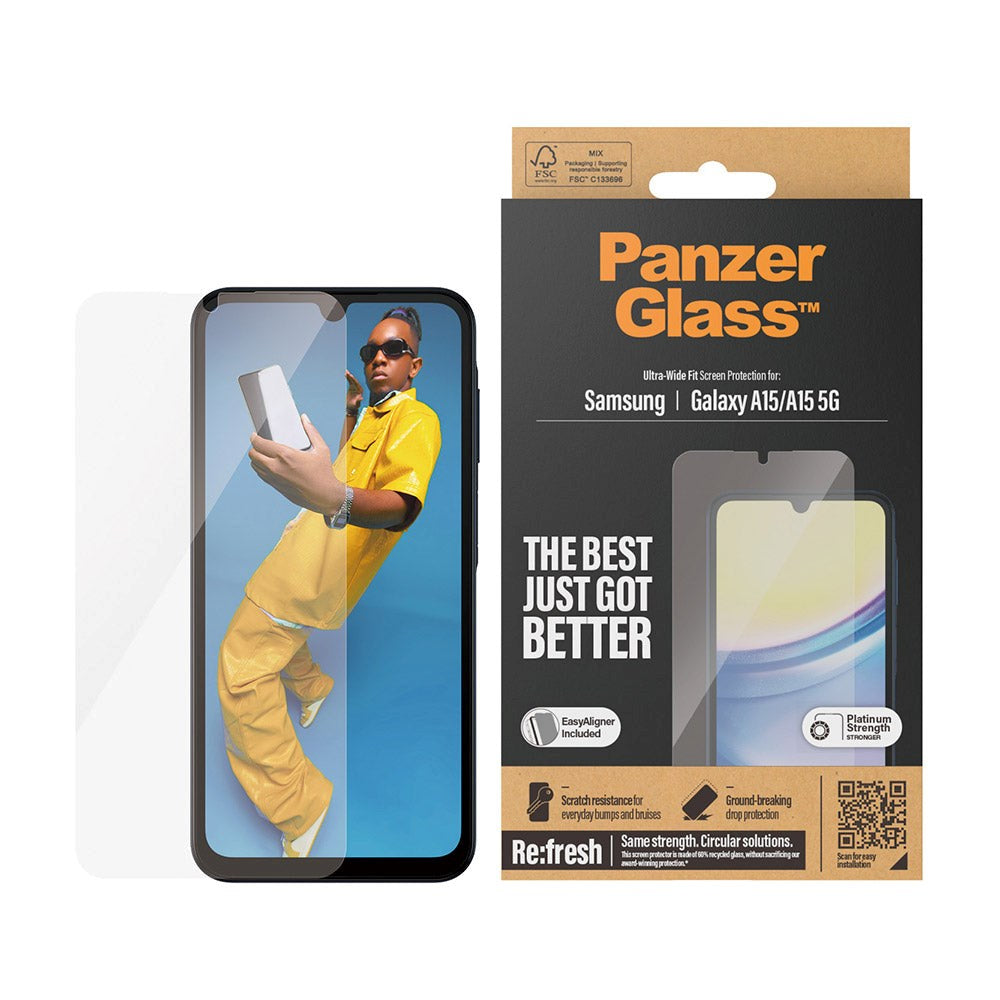 PanzerGlass Samsung Galaxy A15 / A15 (5G) Ultra Wide Fit Re:fresh Beskyttelsesglas m. EasyAligner - Platinum Strength - Gennemsigtig
