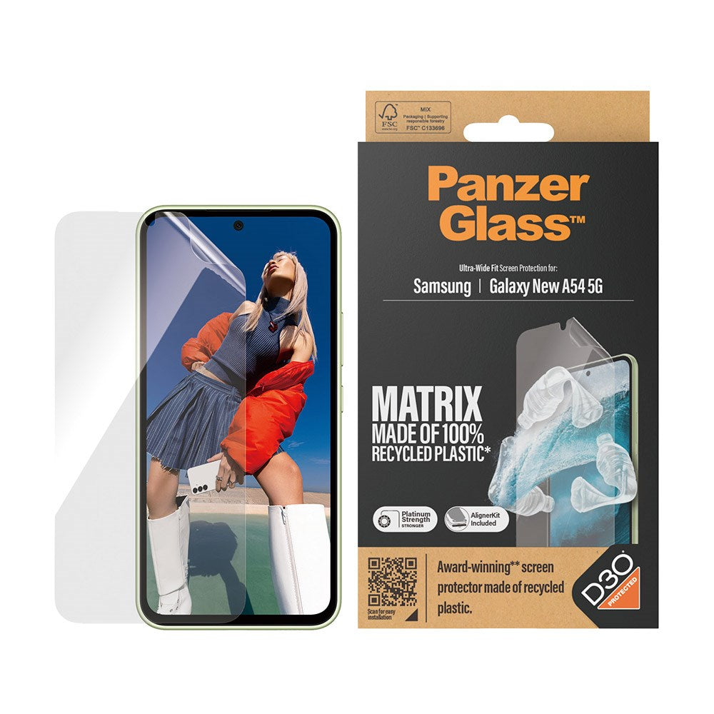 PanzerGlass Samsung Galaxy A55 (5G) Matrix AntiBacterial Ultra Wide Fit Plastikbeskyttelse - AlignerKit - Platinum Strength - Gennemsigtig