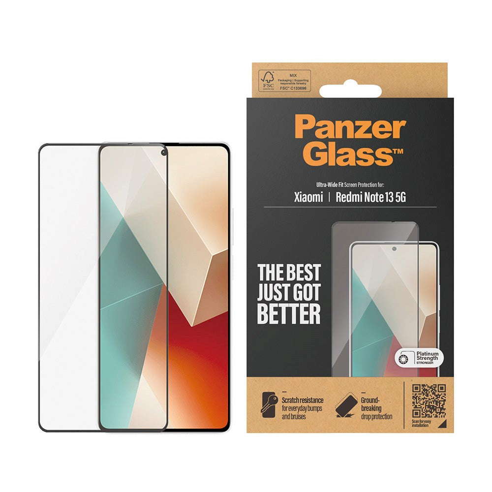 PanzerGlass Xiaomi Redmi Note 13 (5G) Ultra Wide Fit Skærmbeskyttelsesglas - Platinum Strength - Sort Kant