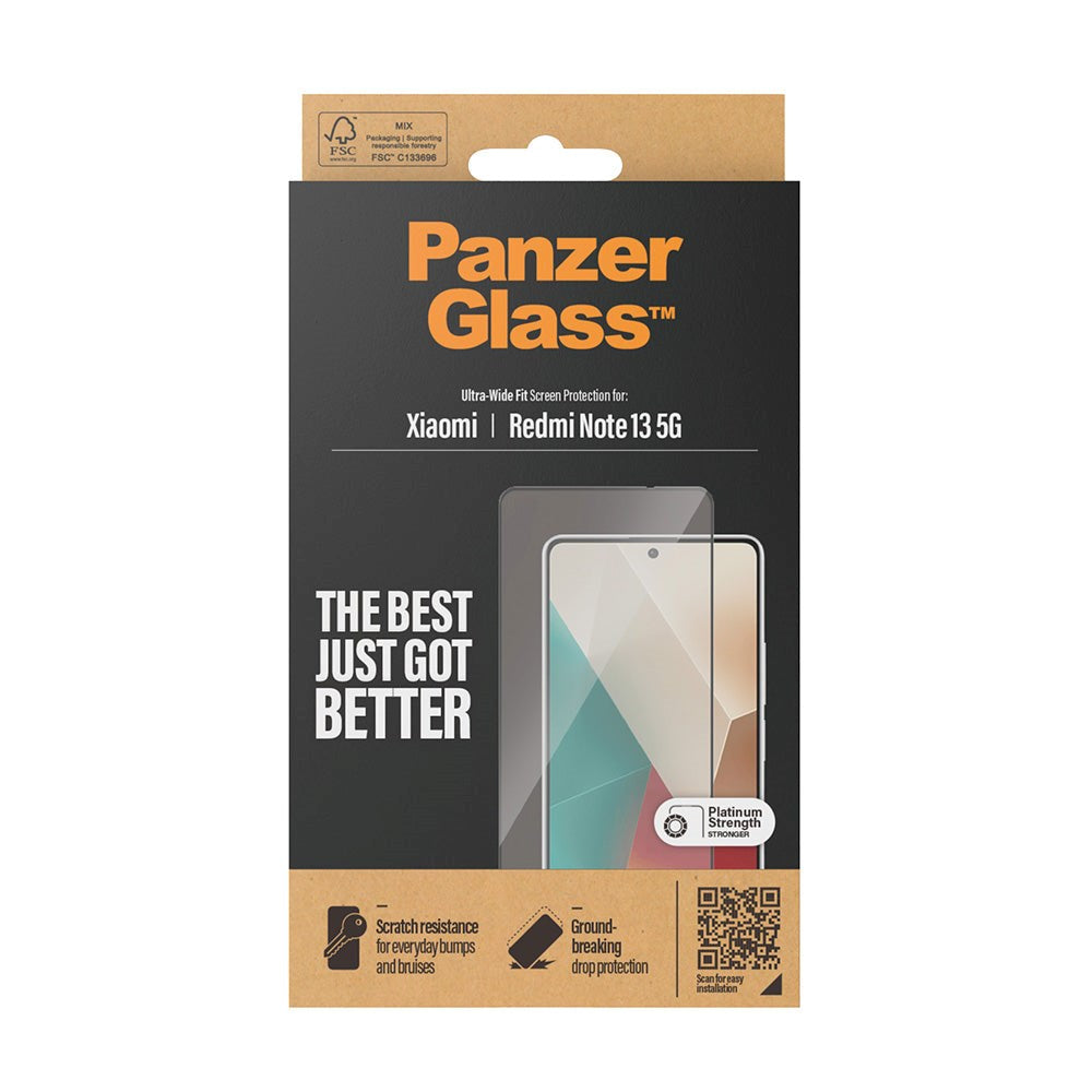 PanzerGlass Xiaomi Redmi Note 13 (5G) Ultra Wide Fit Skærmbeskyttelsesglas - Platinum Strength - Sort Kant
