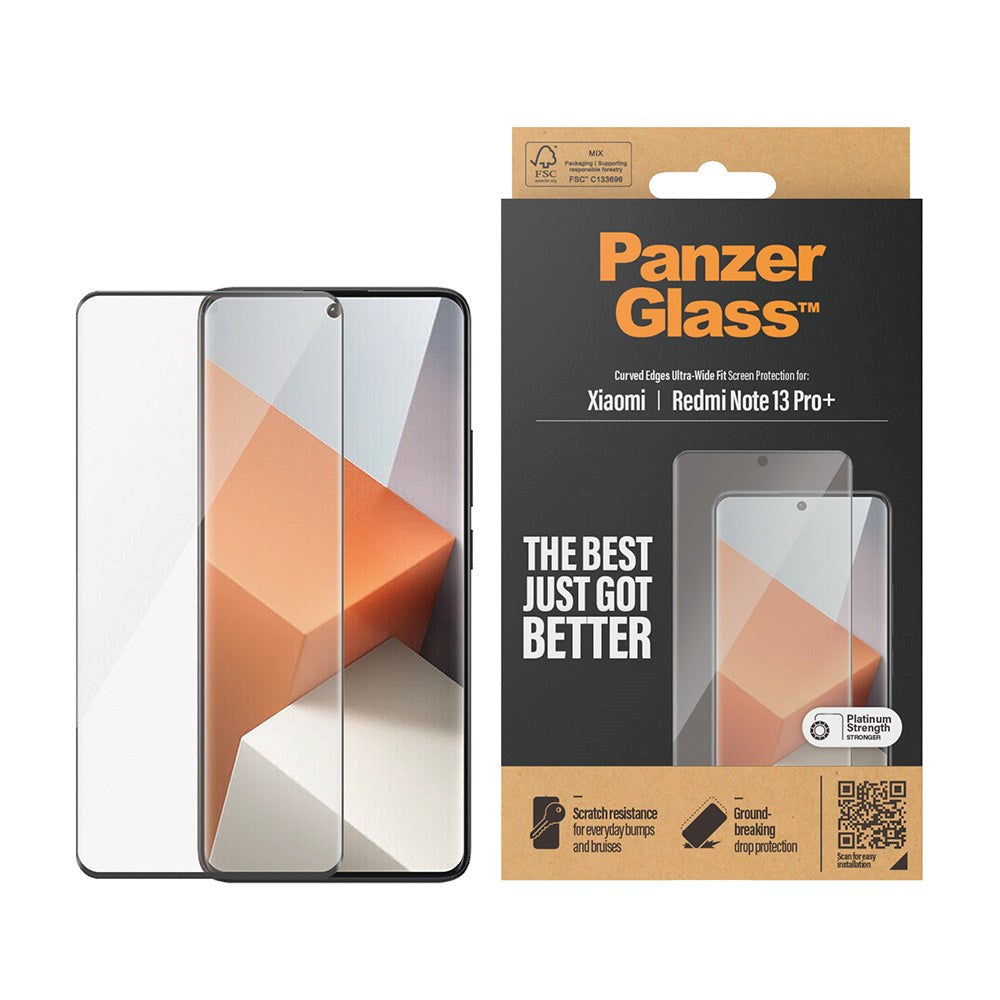 PanzerGlass Xiaomi Redmi Note 13 Pro+ (Plus) Ultra Wide Fit Skærmbeskyttelsesglas - Platinum Strength - Sort Kant