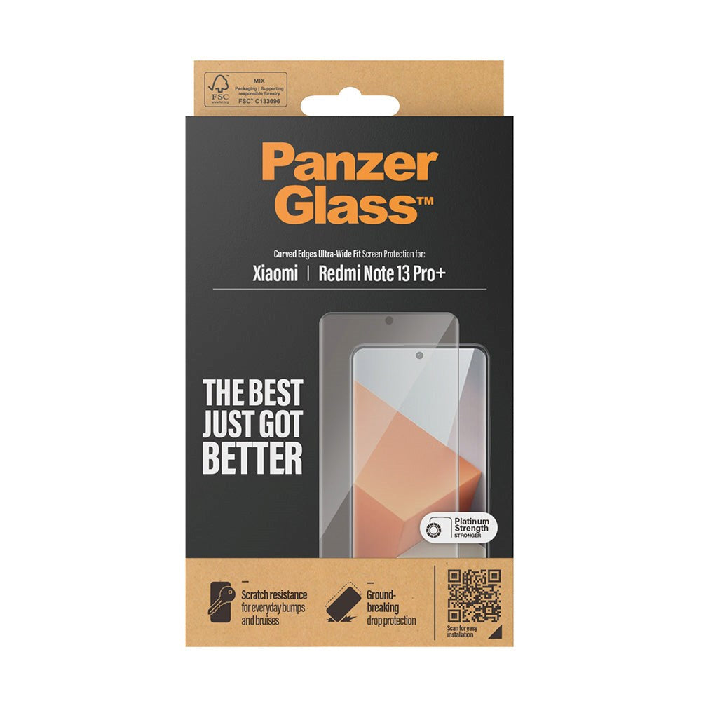 PanzerGlass Xiaomi Redmi Note 13 Pro+ (Plus) Ultra Wide Fit Skærmbeskyttelsesglas - Platinum Strength - Sort Kant