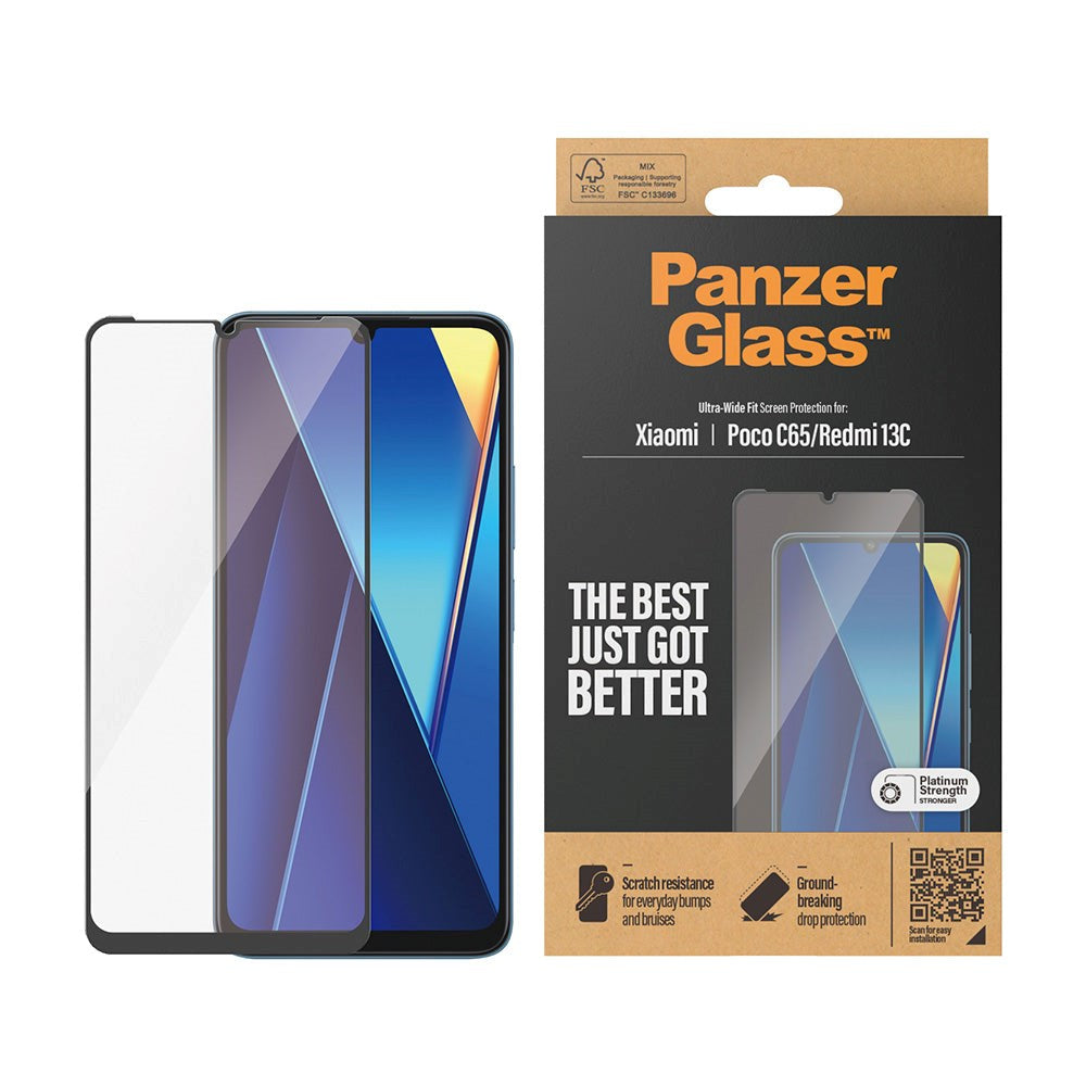 PanzerGlass Xiaomi Poco C65 / Redmi 13C Ultra Wide Fit Skærmbeskyttelsesglas - Platinum Strength - Sort Kant