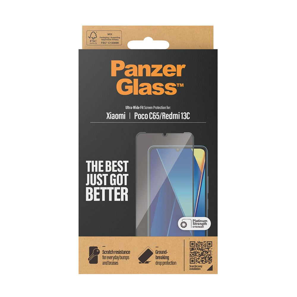 PanzerGlass Xiaomi Poco C65 / Redmi 13C Ultra Wide Fit Skærmbeskyttelsesglas - Platinum Strength - Sort Kant
