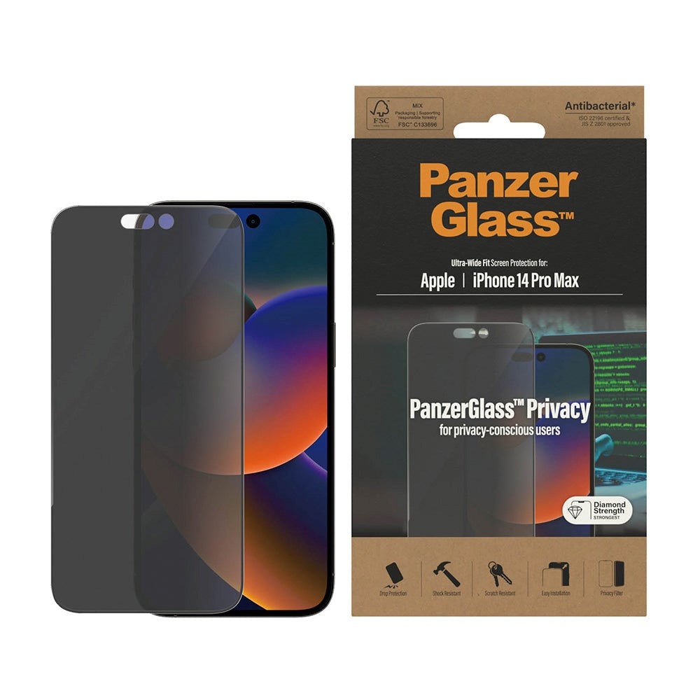 PanzerGlass iPhone 14 Pro Max AntiBacterial Ultra-Wide Fit Skærmbeskyttelsesglas - Privacy - Diamond Strength - Gennemsigtig / Sort