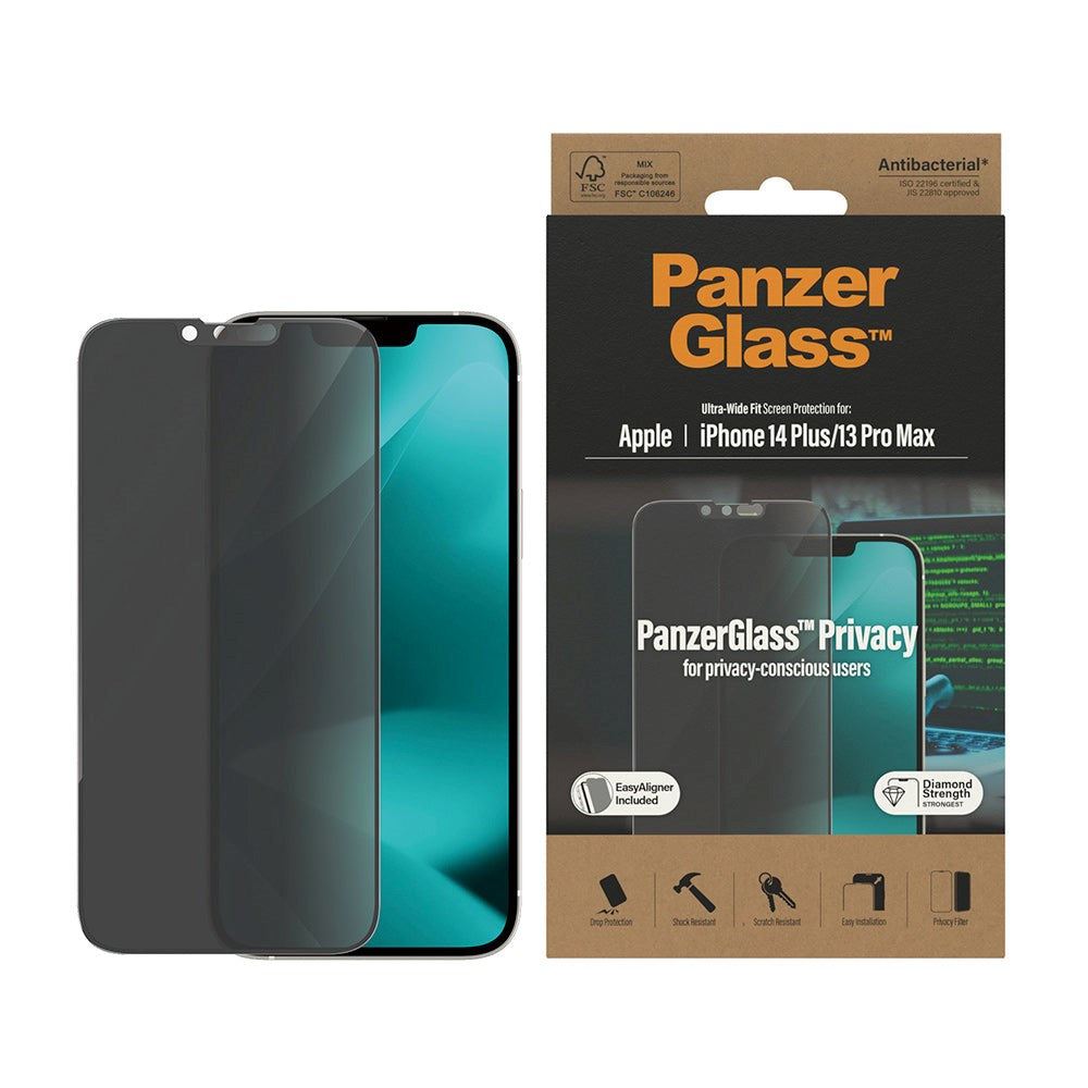 PanzerGlass iPhone 14 Plus / 13 Pro Max AntiBacterial Ultra-Wide Fit Skærmbeskyttelse - EasyAligner - Privacy Filter - Diamond Strength