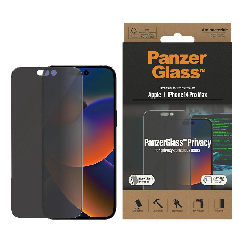 PanzerGlass iPhone 14 Pro Max AntiBacterial Ultra-Wide Fit Skærmbeskyttelsesglas - EasyAligner - Privacy Filter - Diamond Strength - Gennemsigtig / Sort