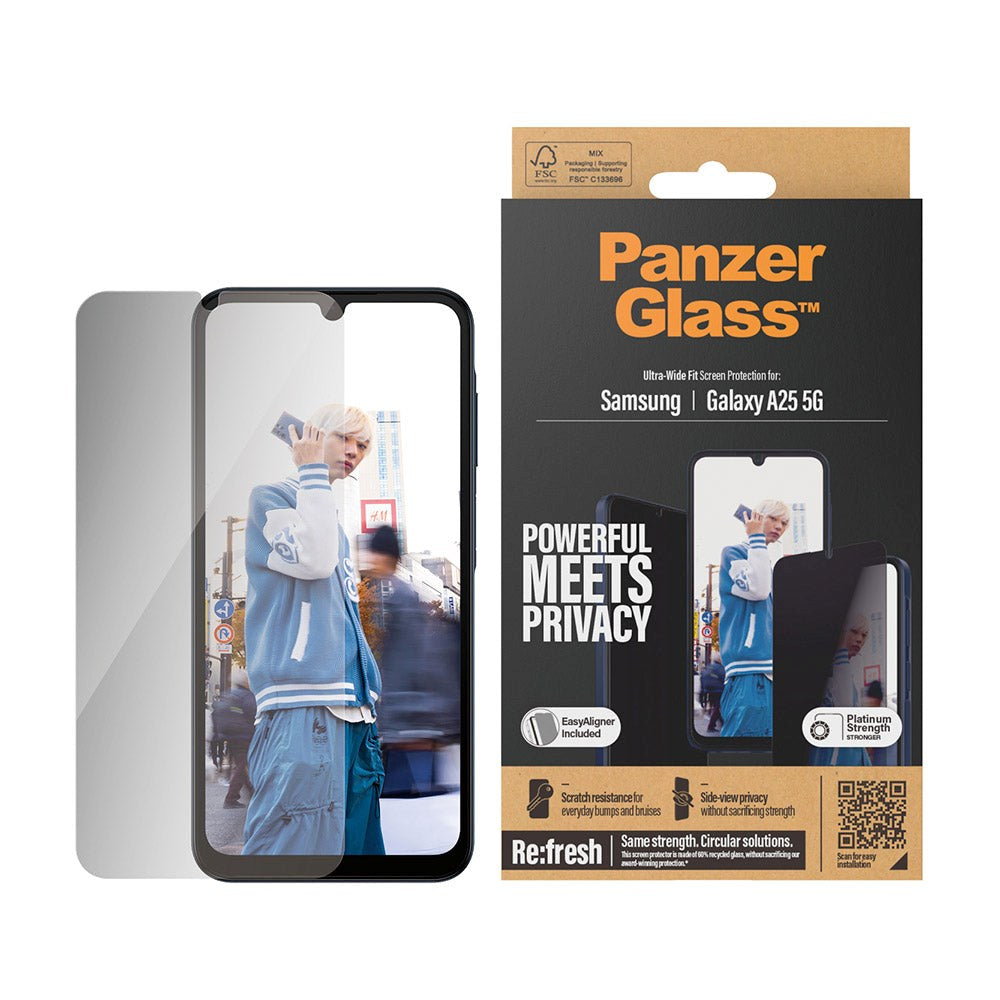 PanzerGlass Samsung Galaxy A25 (5G) Ultra Wide Fit Re:fresh Beskyttelsesglas m. EasyAligner - Privacy - Platinum Strength - Gennemsigtig / Sort Kant