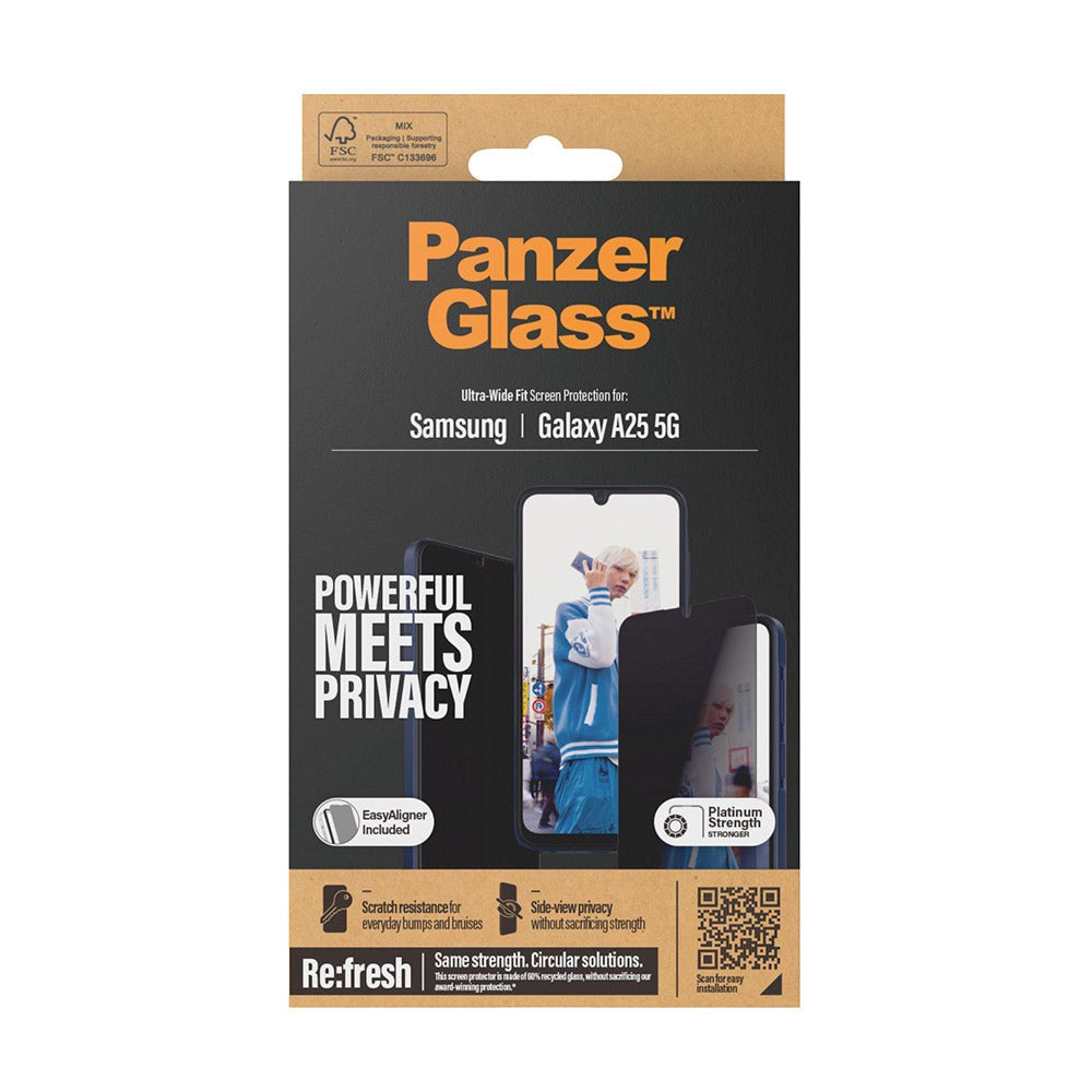 PanzerGlass Samsung Galaxy A25 (5G) Ultra Wide Fit Re:fresh Beskyttelsesglas m. EasyAligner - Privacy - Platinum Strength - Gennemsigtig / Sort Kant