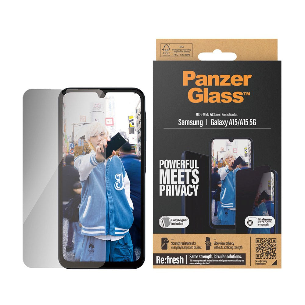 PanzerGlass Samsung Galaxy A15 / A15 (5G) Ultra Wide Fit Re:fresh Beskyttelsesglas m. EasyAligner - Privacy - Platinum Strength - Gennemsigtig / Sort Kant