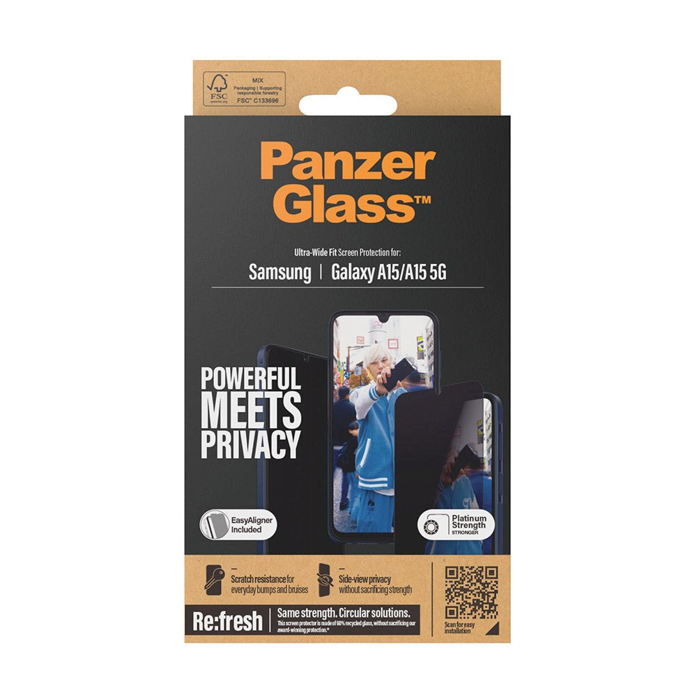PanzerGlass Samsung Galaxy A15 / A15 (5G) Ultra Wide Fit Re:fresh Beskyttelsesglas m. EasyAligner - Privacy - Platinum Strength - Gennemsigtig / Sort Kant