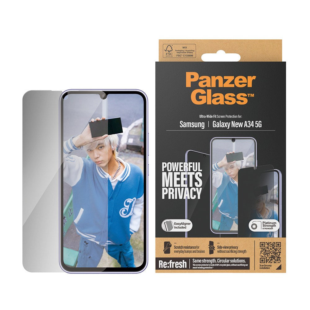 PanzerGlass Samsung Galaxy A35 (5G) Ultra Wide Fit Re:fresh Beskyttelsesglas m. EasyAligner - Privacy - Platinum Strength - Gennemsigtig / Sort Kant