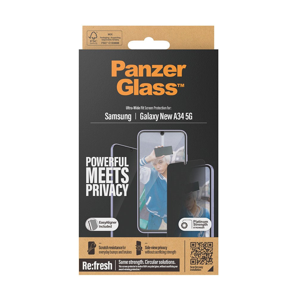 PanzerGlass Samsung Galaxy A35 (5G) Ultra Wide Fit Re:fresh Beskyttelsesglas m. EasyAligner - Privacy - Platinum Strength - Gennemsigtig / Sort Kant