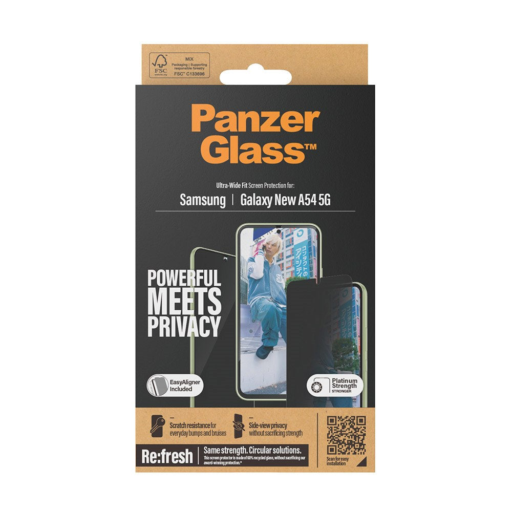 PanzerGlass Samsung Galaxy A55 (5G) Ultra Wide Fit Re:fresh Beskyttelsesglas m. EasyAligner - Privacy - Platinum Strength - Gennemsigtig / Sort Kant