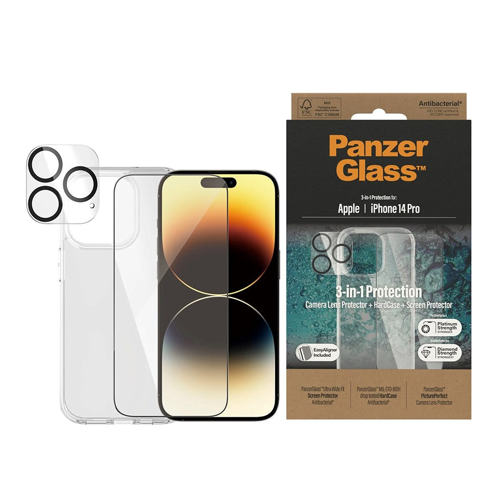 PanzerGlass iPhone 14 Pro 3-i-1 Bundle m. EasyAligner - Skærmbeskyttelse (UWF) / Bagsidecover / Kamerabeskyttelse - Gennemsigtig