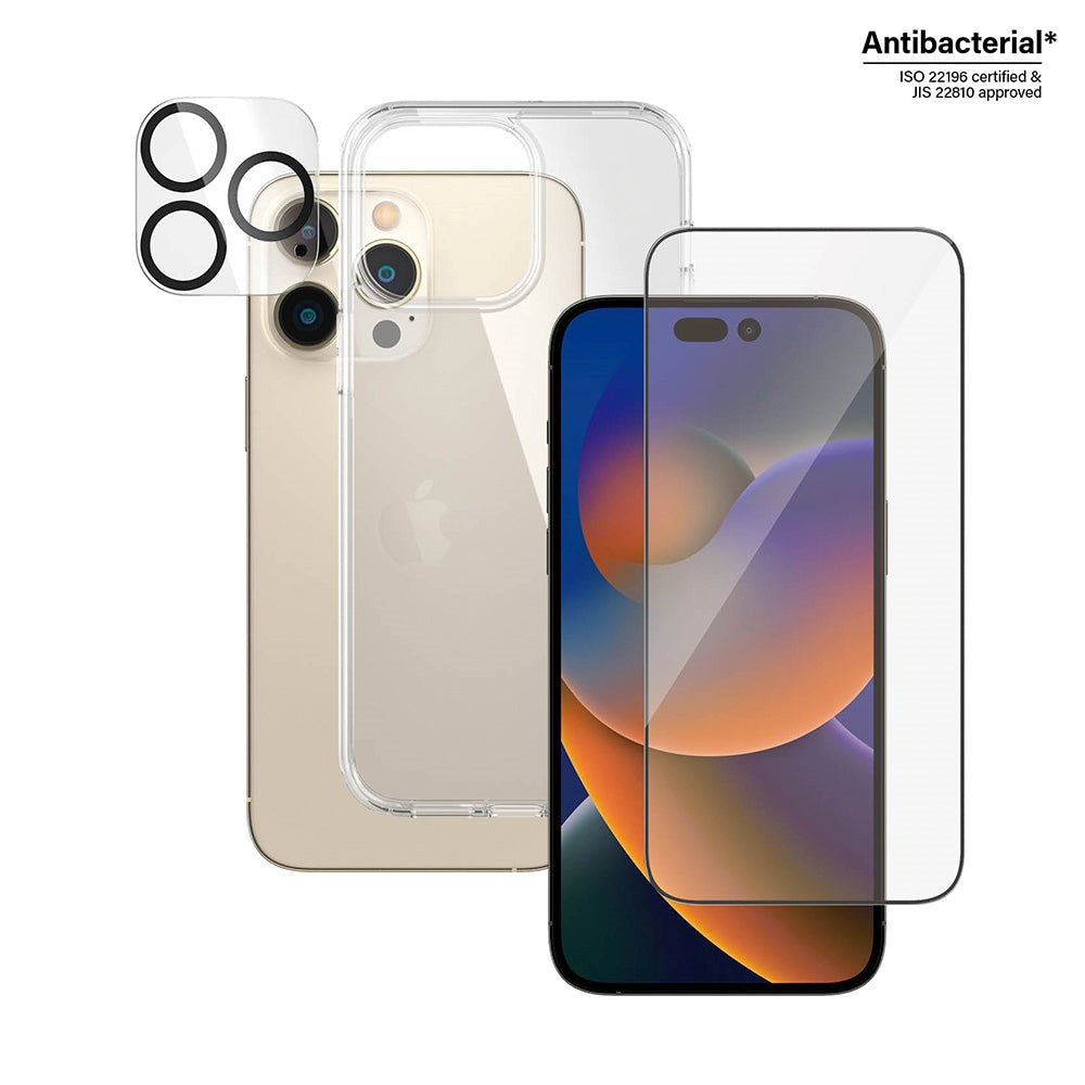 PanzerGlass iPhone 14 Pro Max 3-i-1 Bundle m. EasyAligner - Skærmbeskyttelse (UWF) / Bagsidecover / Kamerabeskyttelse - Gennemsigtig