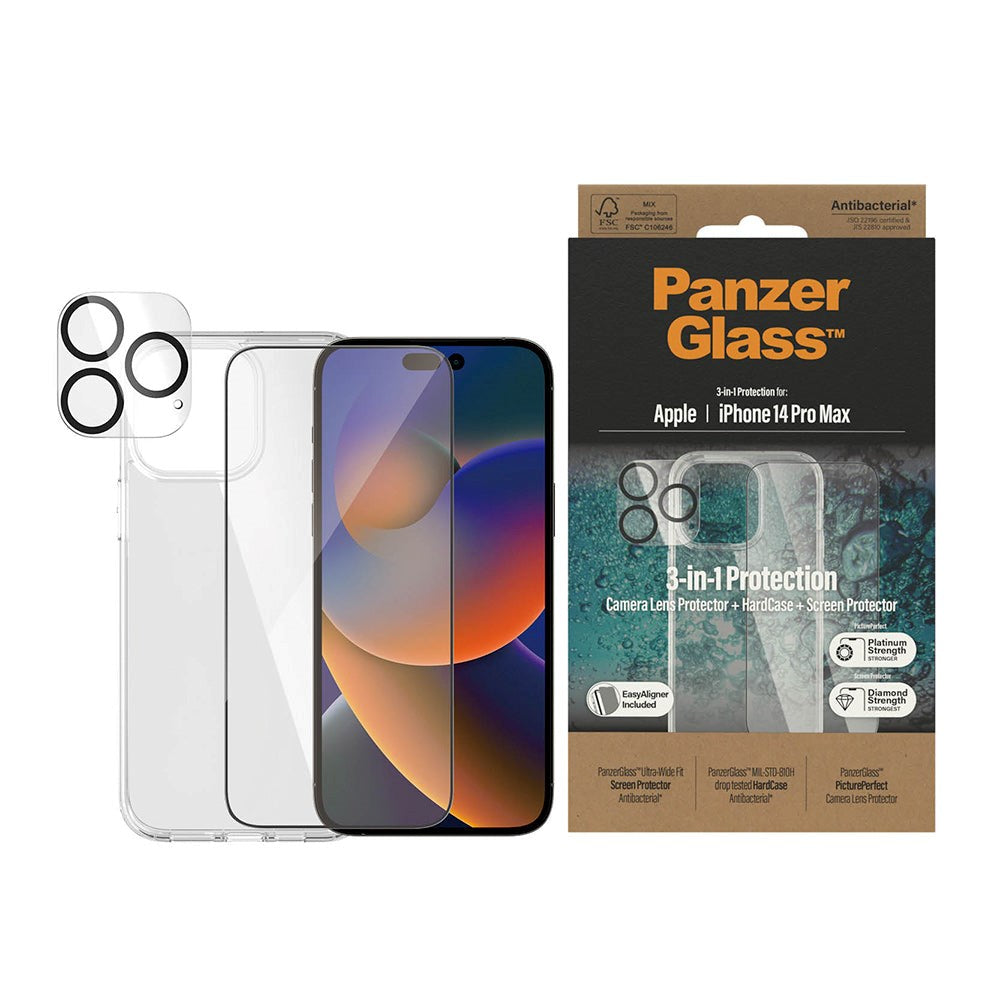 PanzerGlass iPhone 14 Pro Max 3-i-1 Bundle m. EasyAligner - Skærmbeskyttelse (UWF) / Bagsidecover / Kamerabeskyttelse - Gennemsigtig