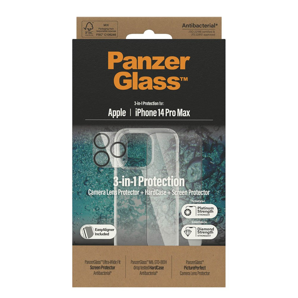 PanzerGlass iPhone 14 Pro Max 3-i-1 Bundle m. EasyAligner - Skærmbeskyttelse (UWF) / Bagsidecover / Kamerabeskyttelse - Gennemsigtig