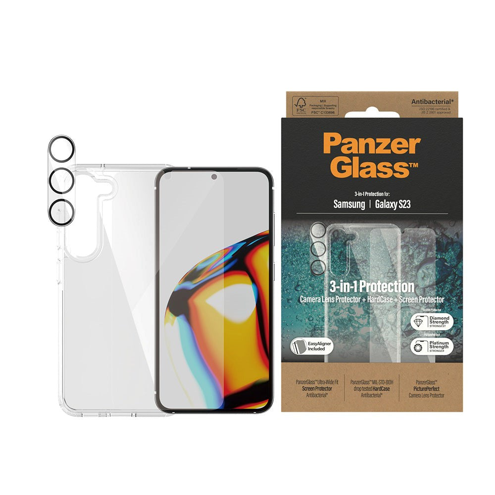 PanzerGlass Samsung Galaxy S23 3-i-1 Bundle m. EasyAligner - Skærmbeskyttelse (UWF) / Bagsidecover / Kamerabeskyttelse - Gennemsigtig