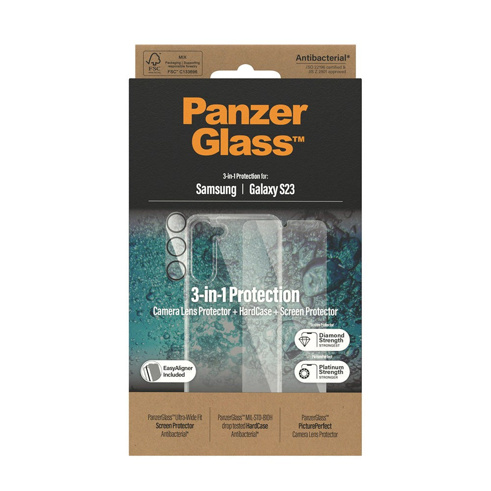 PanzerGlass Samsung Galaxy S23 3-i-1 Bundle m. EasyAligner - Skærmbeskyttelse (UWF) / Bagsidecover / Kamerabeskyttelse - Gennemsigtig