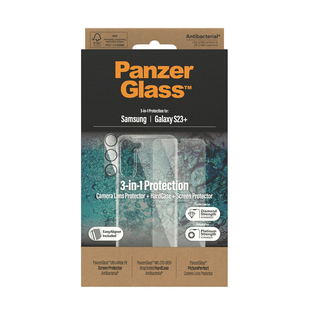 PanzerGlass Samsung Galaxy S23+ (Plus) 3-i-1 Bundle m. EasyAligner - Skærmbeskyttelse (UWF) / Bagsidecover / Kamerabeskyttelse - Gennemsigtig