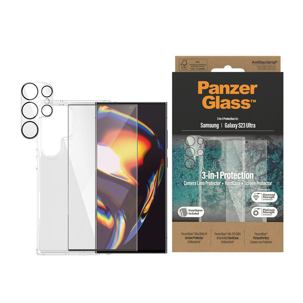 PanzerGlass Samsung Galaxy S23 Ultra 3-i-1 Bundle m. EasyAligner - Skærmbeskyttelse (UWF) / Bagsidecover / Kamerabeskyttelse - Gennemsigtig